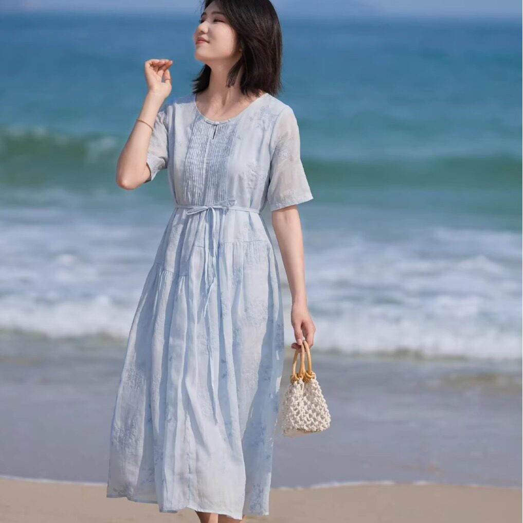 夏季新款棉麻圆领短袖中长款连衣裙系带显瘦轻盈透气