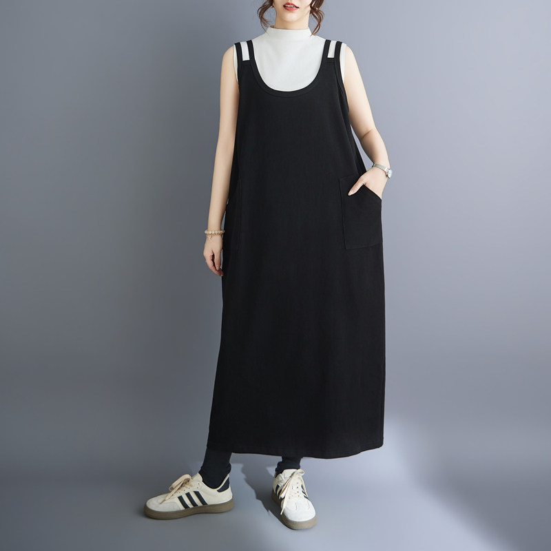 实拍夏纯棉街头港风吊带茧型吊带灯笼裙纯色大口袋宽松连衣裙