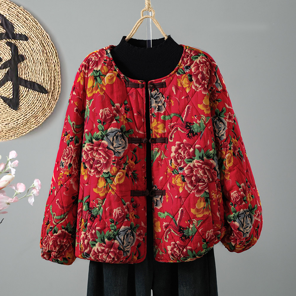 实拍新年战衣东北大花棉服冬季新款复古百搭宽松休闲圆领棉衣外套