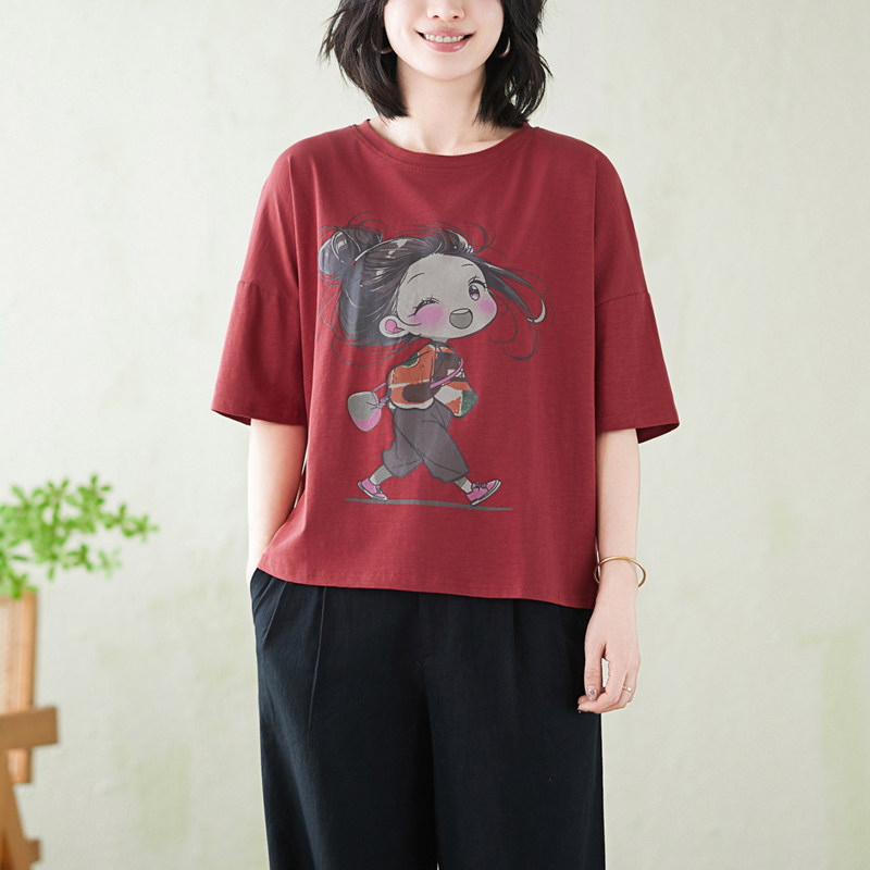 实拍纯棉大码卡通印花短袖T恤衫女显瘦夏季休闲文艺宽松百搭上衣