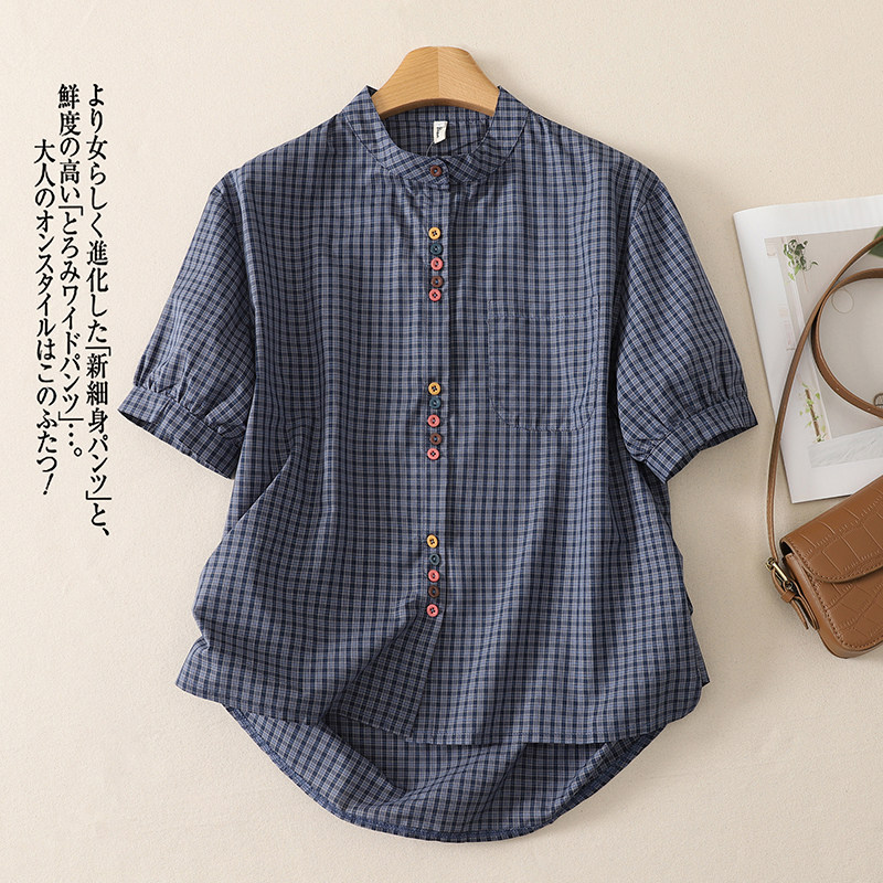 实拍 新款韩系复古小格子立领短袖衬衫女夏季巨好看的小衫