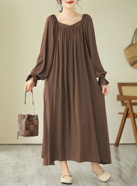 实拍 2026新款宽松显瘦一字肩两穿宽松系带显瘦长款连衣裙