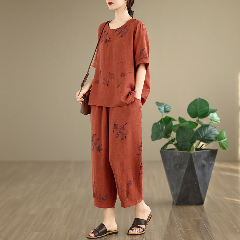 实拍洋气女夏装棉麻透气妈妈套装短袖妈妈装中袖衣服大码套装