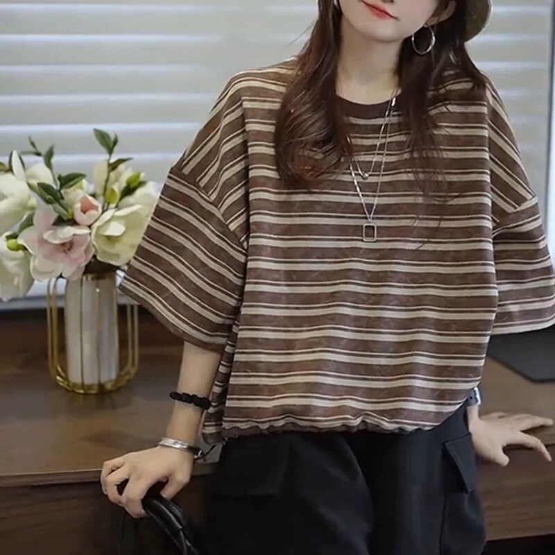 美式复古条纹圆领短袖t恤女纯棉下摆抽绳设计感宽松显瘦短款上衣