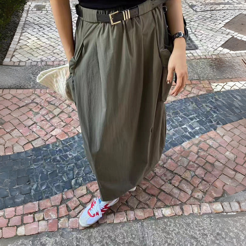 韩版个性设计感大口袋半身裙女夏款松紧腰休闲百搭A字长裙