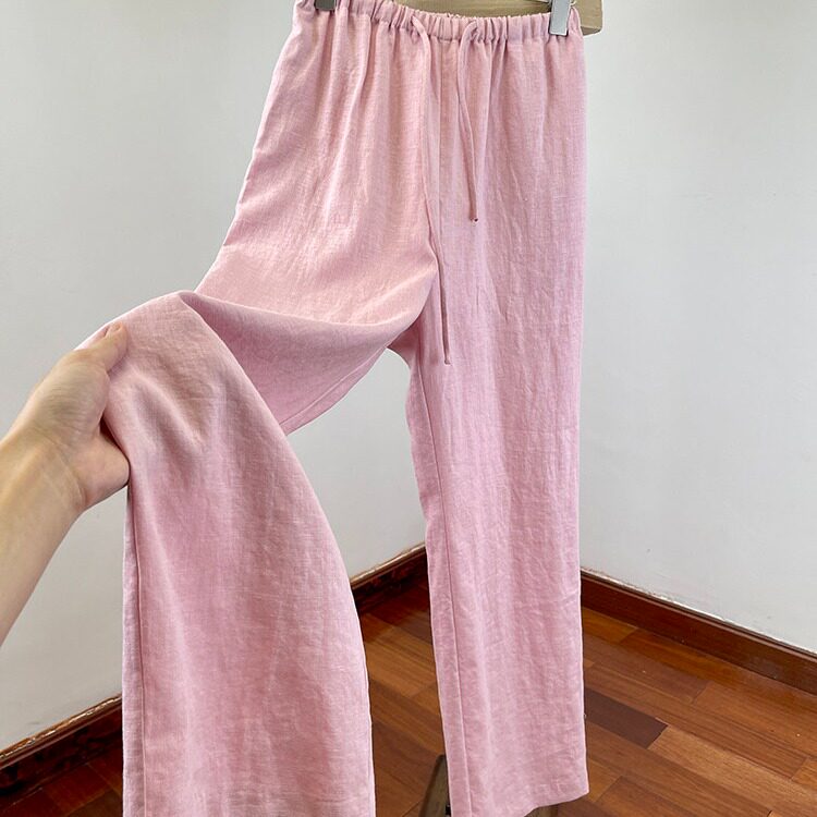慵懒时髦抽绳亚麻阔腿裤女~夏季薄款透气老钱风休闲裤拖地长裤潮