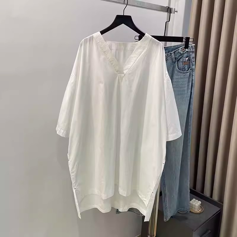 春夏新款 宽宽大大 简约日系女装大v领宽松纯棉干净白色大衫