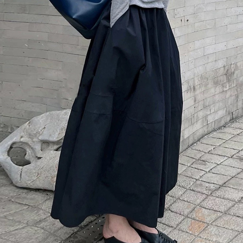 黑色花苞半身裙女2026新款松紧腰遮垮显瘦高腰中长大摆长裙子