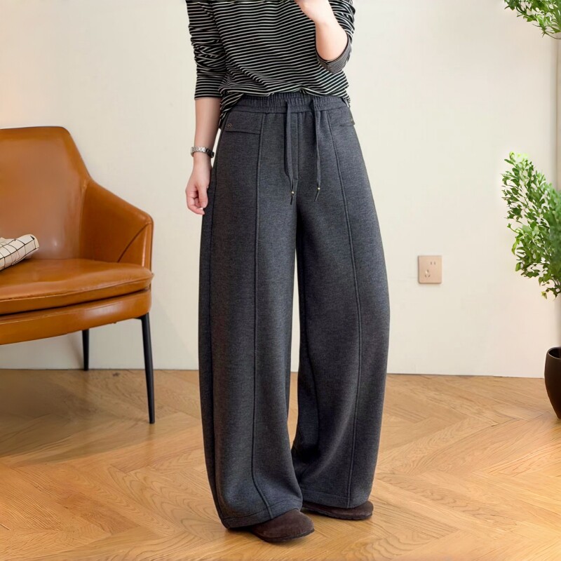 灰色摇粒绒糯米裤女秋冬加绒2026新款高腰休闲小个子直筒阔腿裤子