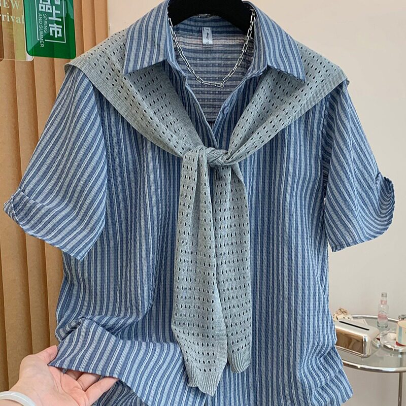 高级感披肩衬衫女短袖2026新款宽松减龄洋气超好看蓝色条纹衬衣夏