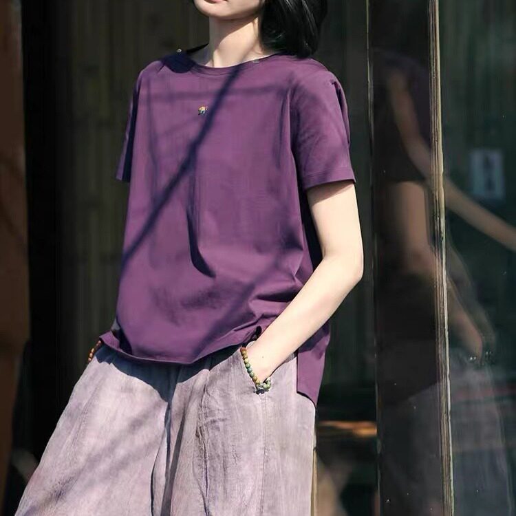 夏装刺绣全棉绣花T恤女夏季柔软轻盈文艺圆领短袖上衣开衩