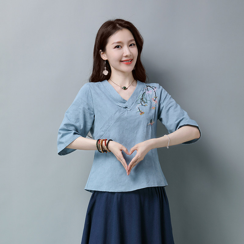 实拍棉麻复古衬衫V领斜襟盘扣七分袖上衣女夏中国风禅茶服