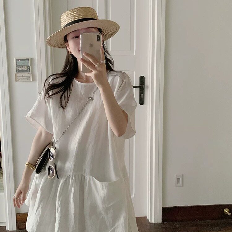 棉麻短袖衬衫裙女2026夏季韩版宽松小个子上衣潮