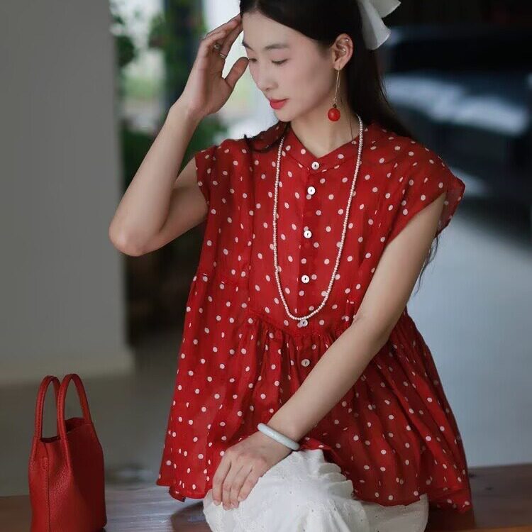 2026女装夏季新品立领单排扣小飞袖苎麻波点薄款上衣百搭衬衫