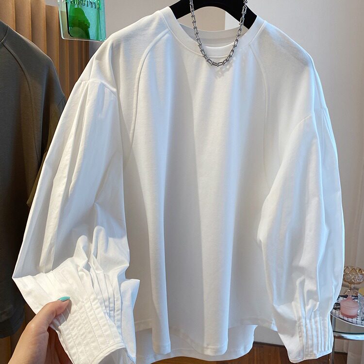 2026新款宽松白色衬衫拼接卫衣女早秋长袖t恤内搭纯棉打底衫上衣