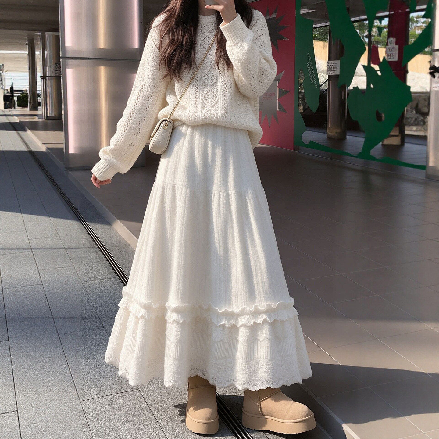 蕾丝蛋糕裙女2026秋冬新款白色裙子超美a字裙针织中长裙半身裙
