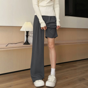 灰色西装裤子女款春秋2026新款高腰垂感窄版小个子显瘦直筒阔腿裤