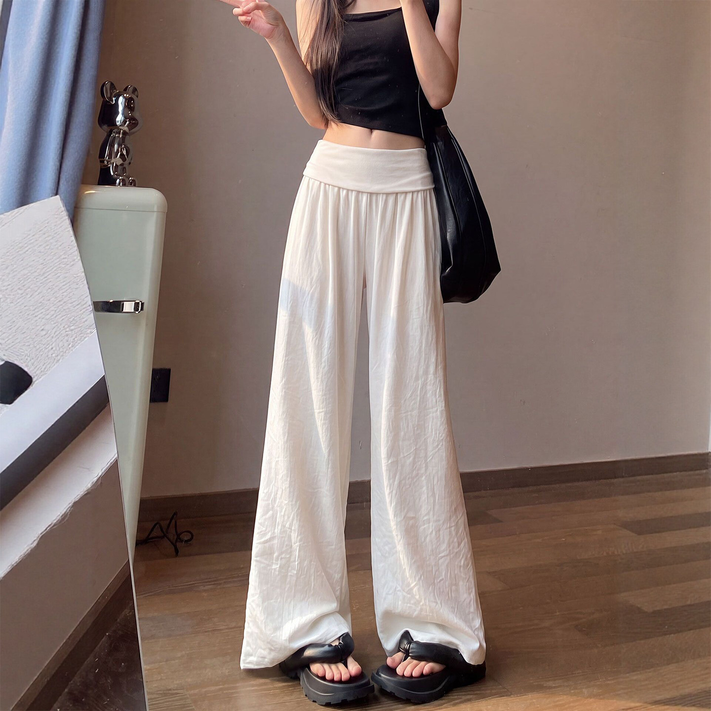 白色翻腰瑜伽休闲裤女夏季薄款梨图片