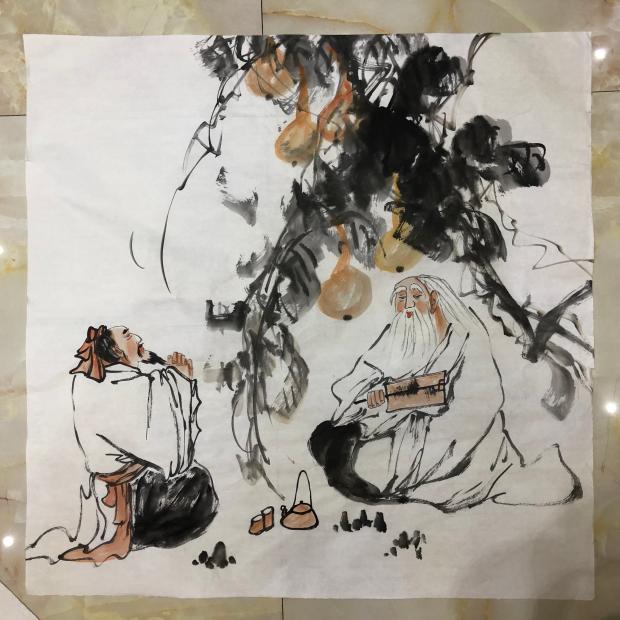 对饮喝茶四尺斗方纯手绘写意人物画国画风水玄关字画
