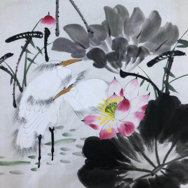 荷花白鹭纯手绘三尺斗方花鸟国画和气生财字画客厅卧室餐厅画