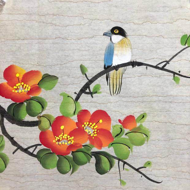 山茶花纯手绘小品斗方花鸟国画来财字画客厅玄关办公室装饰画