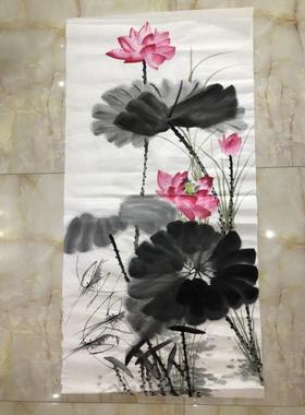 福寿康宁荷花虾纯手绘写意花鸟字画国画客厅玄关卧室装饰画心