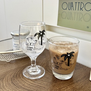 自制ins风海豹先生玻璃杯椰树海岛玻璃杯可爱卡通高脚杯喝水杯子