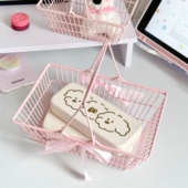 ins少女心桌面收纳篮迷你购物篮可爱粉色蝴蝶结铁艺摆件装 饰道具