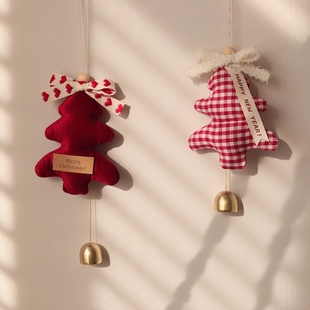 布艺红色小树挂件可爱格纹圣诞树挂件氛围感铃铛车挂墙挂壁挂装 饰