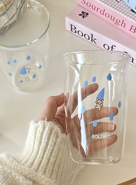 自制雨滴小狗玻璃杯小清新ins蓝色雨滴和雨一起落下水杯可爱杯子