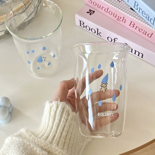自制雨滴小狗玻璃杯小清新ins蓝色雨滴和雨一起落下水杯可爱杯子