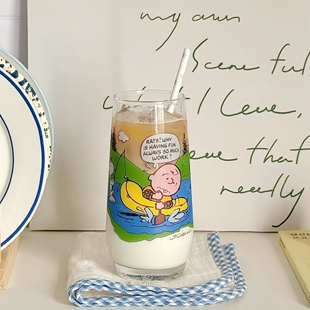 中古风史努比玻璃杯高颜值划船查理果汁咖啡杯耐高温礼物喝水杯子