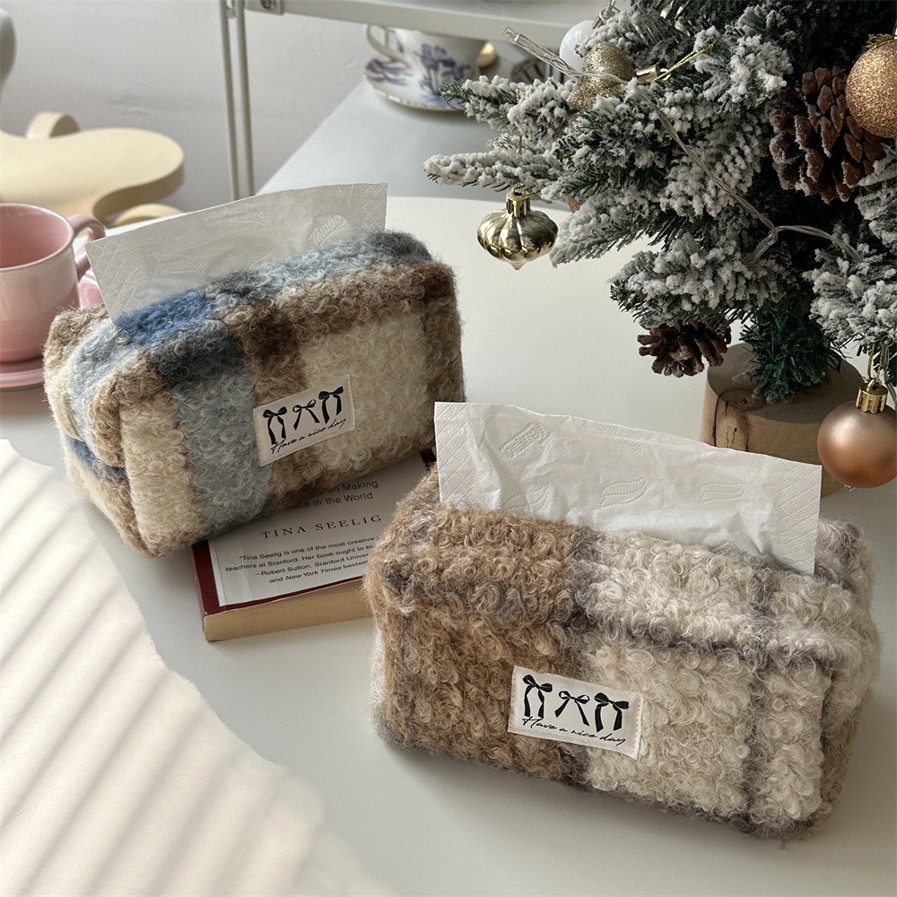 复古羊卷绒格纹抽纸盒家用酒店氛围桌面收纳装饰美拉德色系纸巾袋