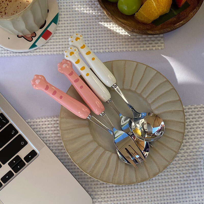 ins可爱陶瓷不锈钢动物爪子勺叉创意卡通猫爪狗爪餐具勺子果叉子