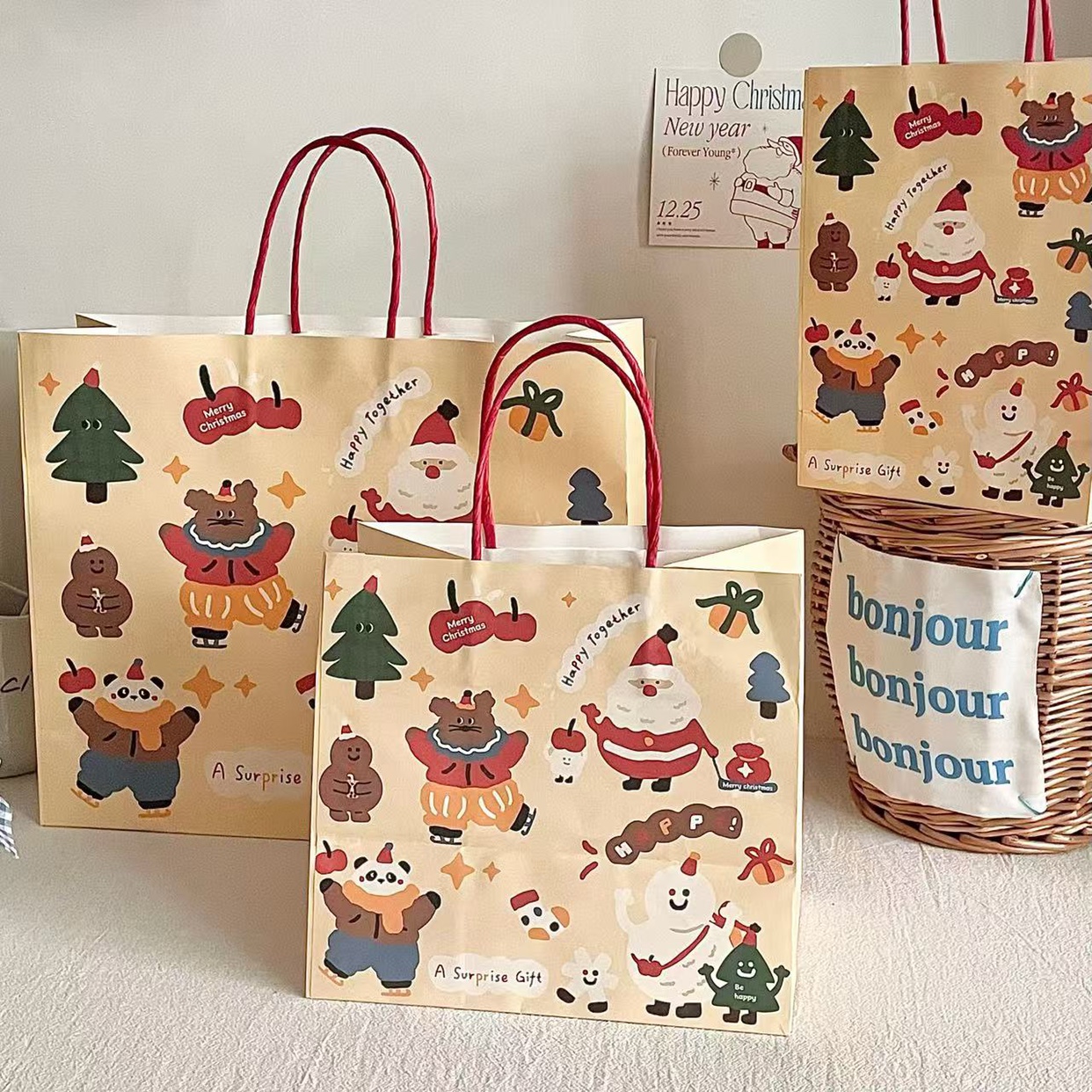 卡通彩色圣诞老人礼品袋大小号手提袋双面图案圣诞节送礼牛皮纸袋