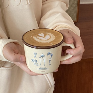 ins法式复古花瓶美酒陶瓷马克杯插画美式咖啡杯情侣水杯伴手礼物