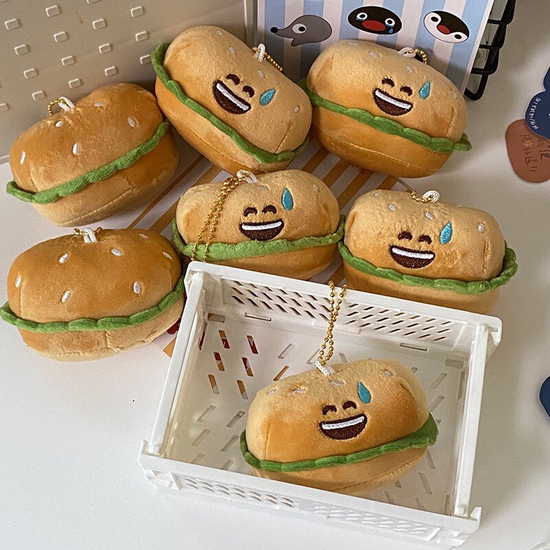 丑萌搞怪流汗汉堡挂件尴尬笑毛绒钥匙扣小众可爱玩偶包包挂饰挂链
