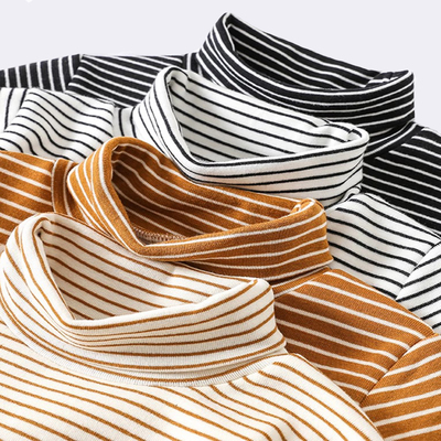 儿童高领打底衫纯棉长袖薄款条纹t恤男 女童春秋冬内搭中领保暖衣