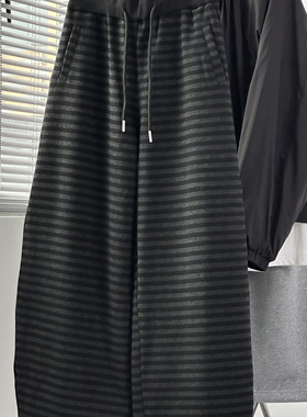 韩版条纹弯刀阔腿裤女2025冬季新款抽绳松紧腰加绒束腿休闲裤宽松