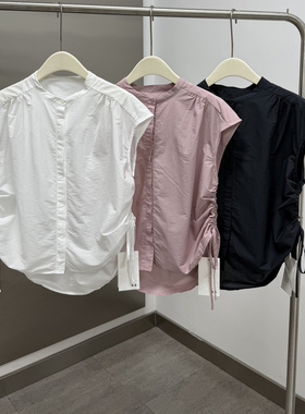 浅茶/D壹夏新款设计感小众侧边抽褶宽松时尚无袖单排扣衬衫上衣女