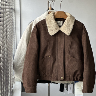 欧货女装 机车服 复古麂皮绒毛领短外套棉服小个子百搭保暖夹克短款