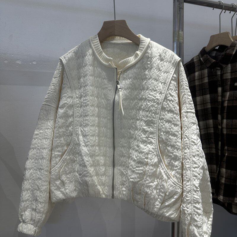韩版人字纹绗缝棉服女2026秋季新款米白色宽松显瘦短款外套上衣女