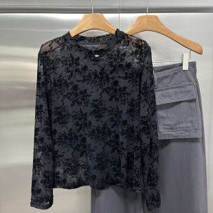 上衣内搭潮t T恤洋气打底衫 2025秋新款 女微透圆领植绒蕾丝网纱长袖