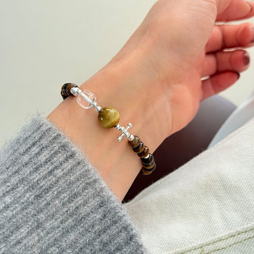 925纯银虎眼石圆珠弹力手链女