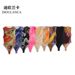 DIOULANCA 欧美风外贸女装新款百搭褶皱装饰绢网连体衣女 5039345