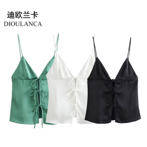DIOULANCA 欧美风外贸女装新款时尚蝴蝶结饰丝缎质感上衣 2170331