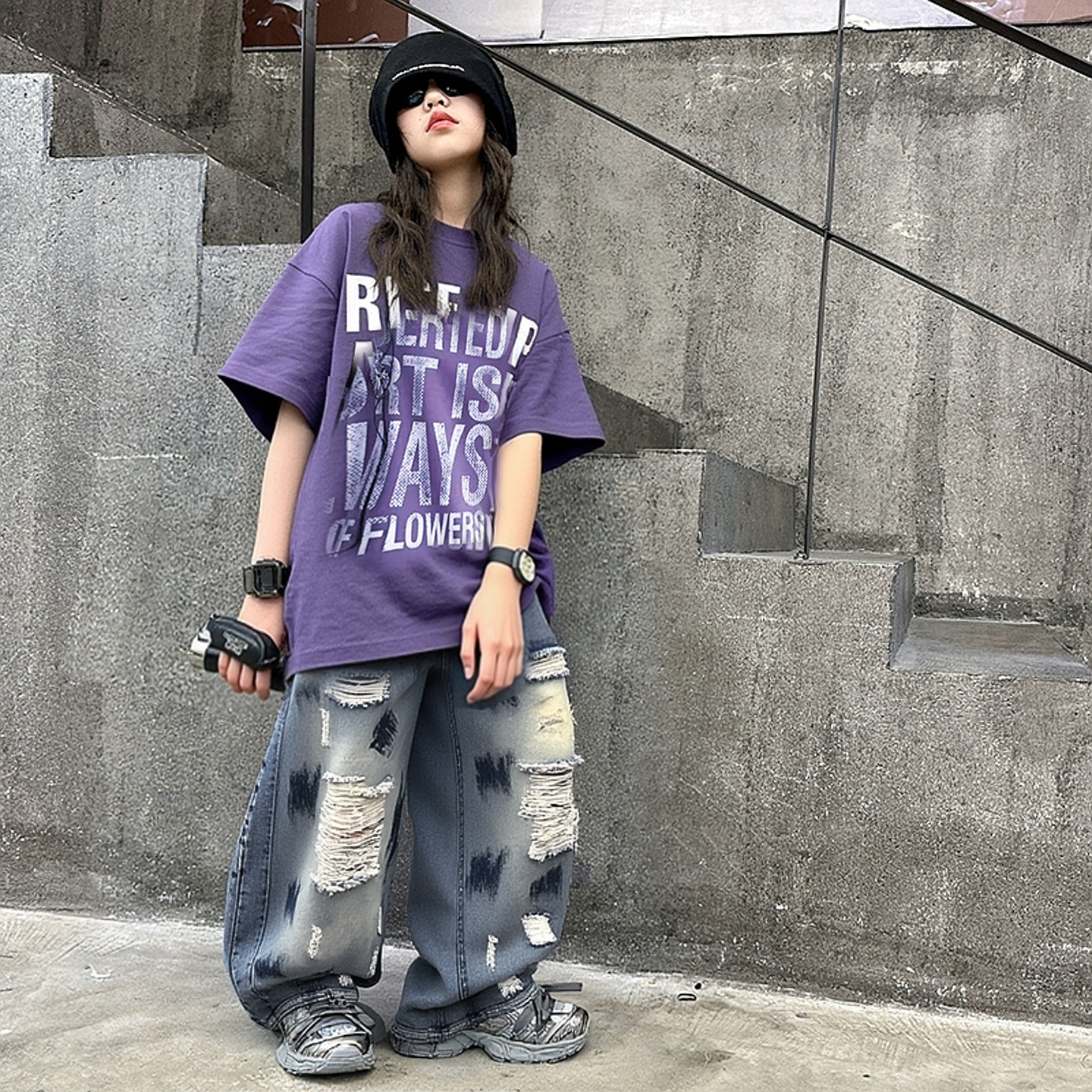 女童宽松大版T恤破洞牛仔裤套装