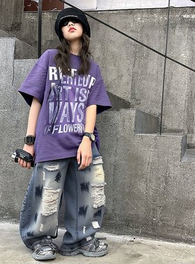 女童宽松大版T恤破洞牛仔裤套装