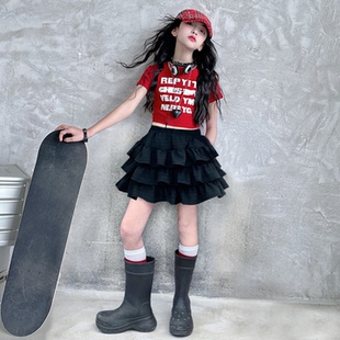 中大童酷飒风蛋糕短裙蓬蓬套裙 新款 女童红色短袖 T恤潮搭2025夏季