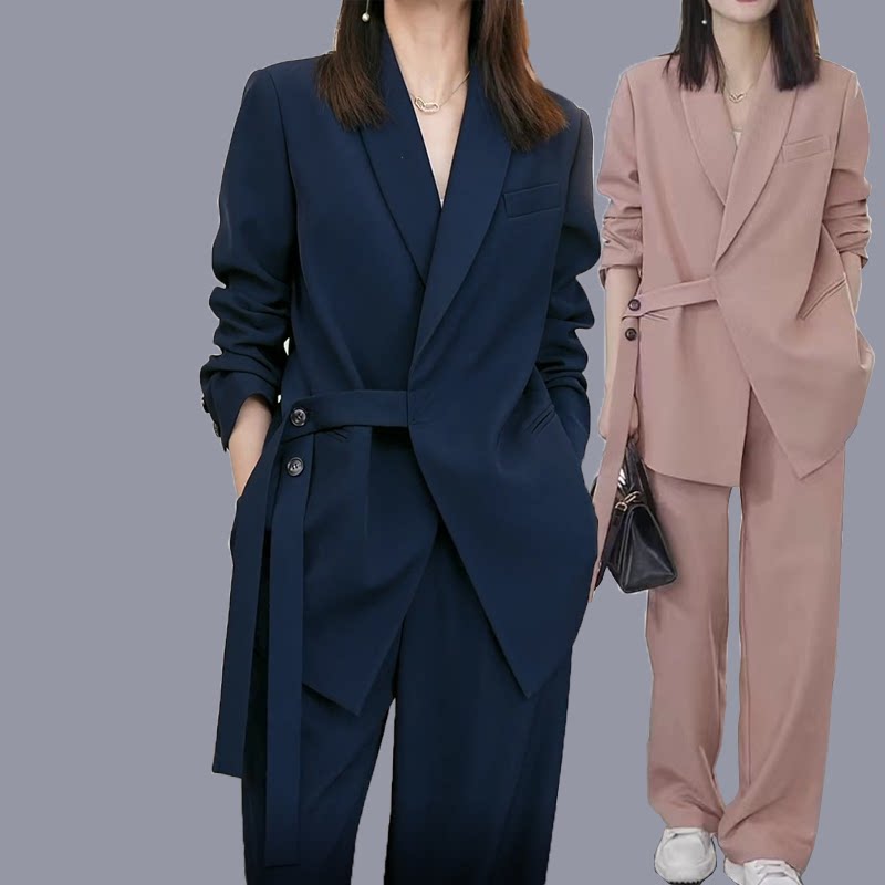 春秋新款宽松大码系带外套胖mm时尚减龄西装阔腿裤两件套职业休闲